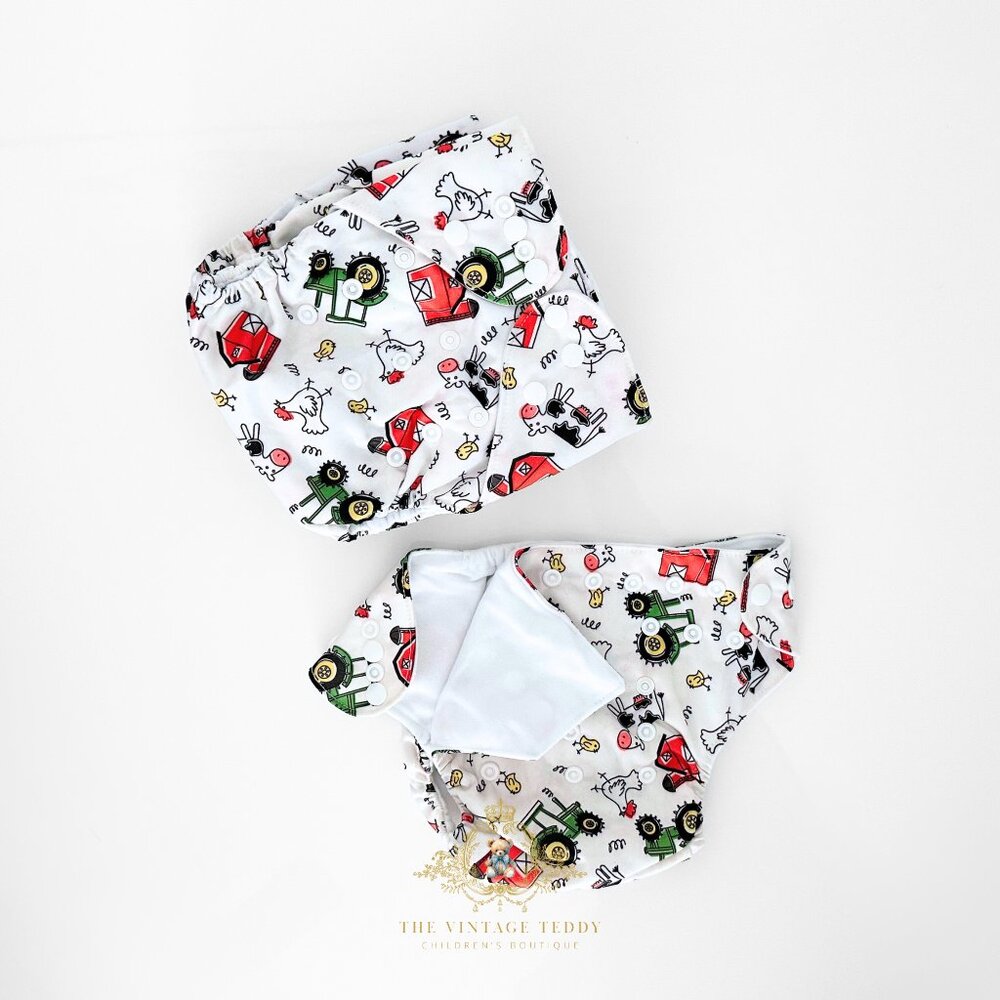 NWT Cute Baby Cloth Diapers Reusable Washable Little Farmer Farm Theme Set of 4